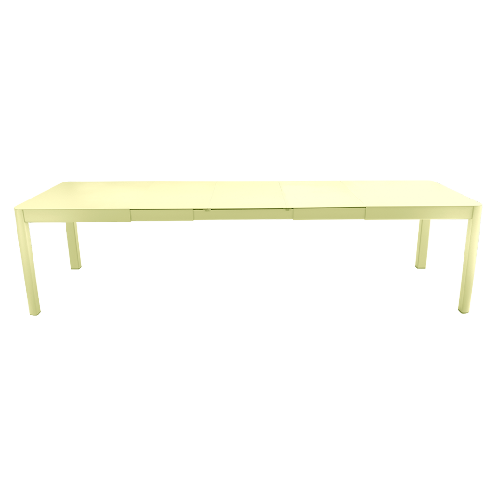 Une table blanche avec un plateau jaune.