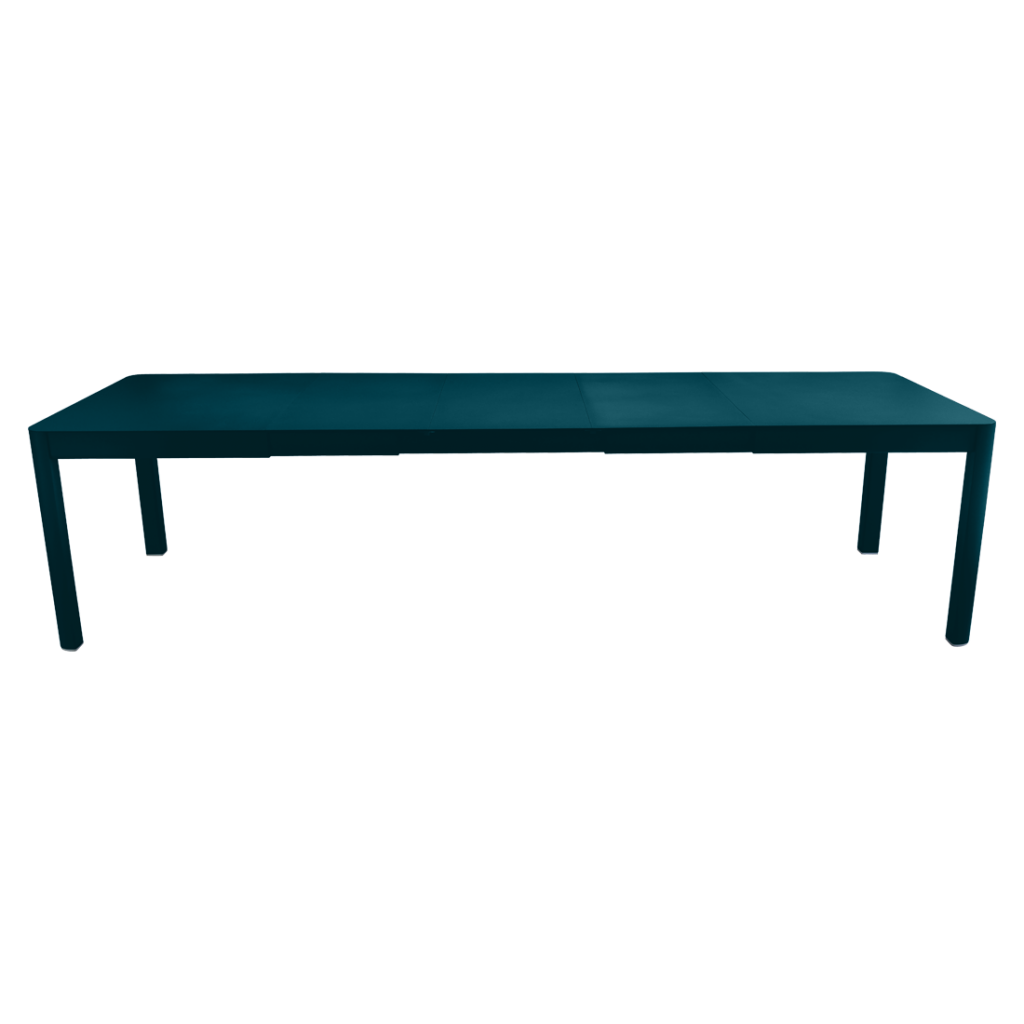 Une table avec un plateau bleu et des pieds noirs.