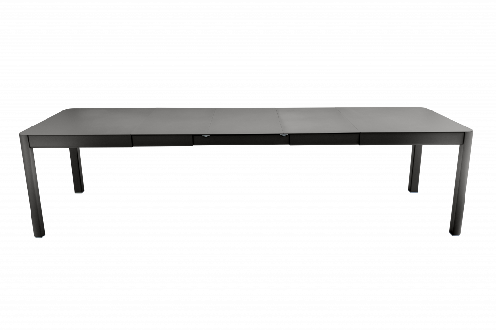 Une table à manger noire avec deux pieds sur fond noir.