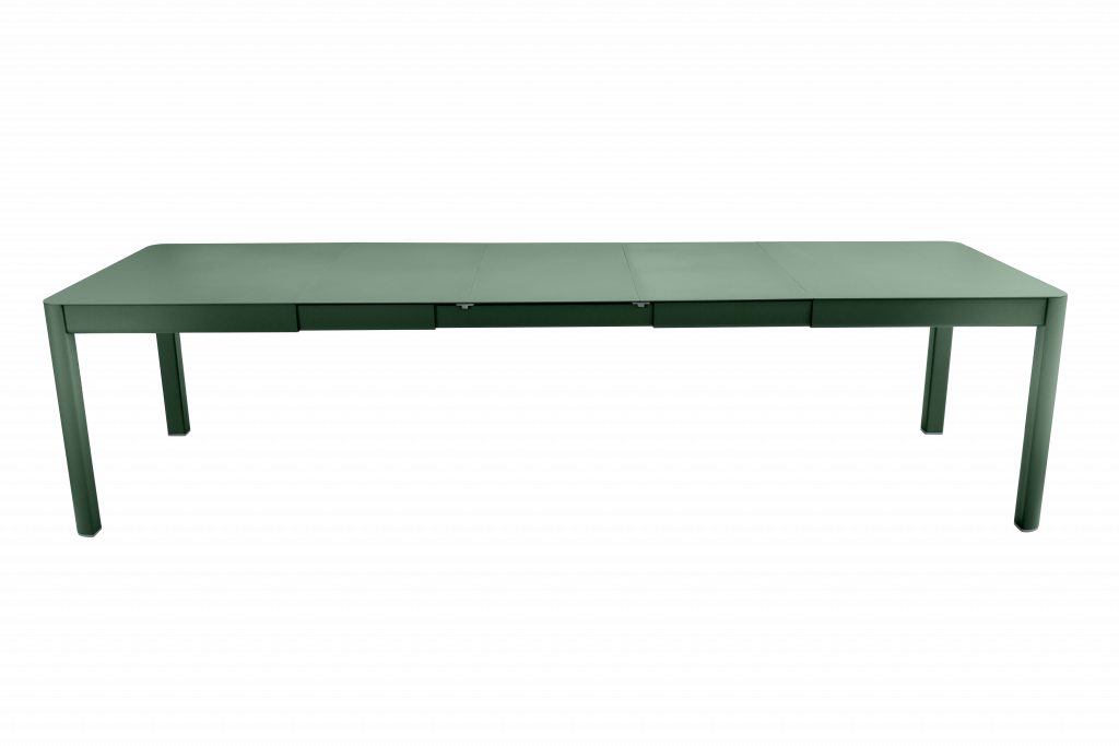 Une table verte à deux pieds sur fond noir.