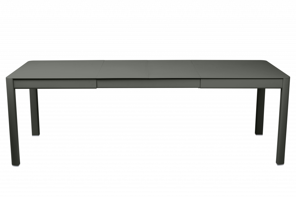 Un bureau gris avec deux tiroirs sur fond noir.