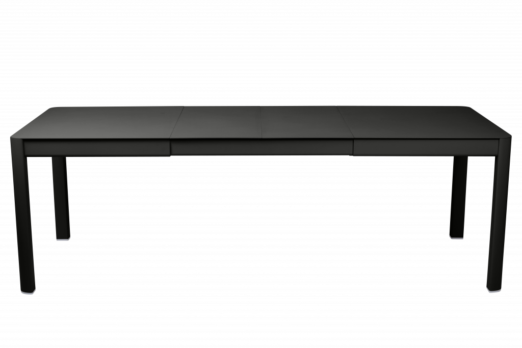 Un bureau noir avec deux pieds et un plateau noir.