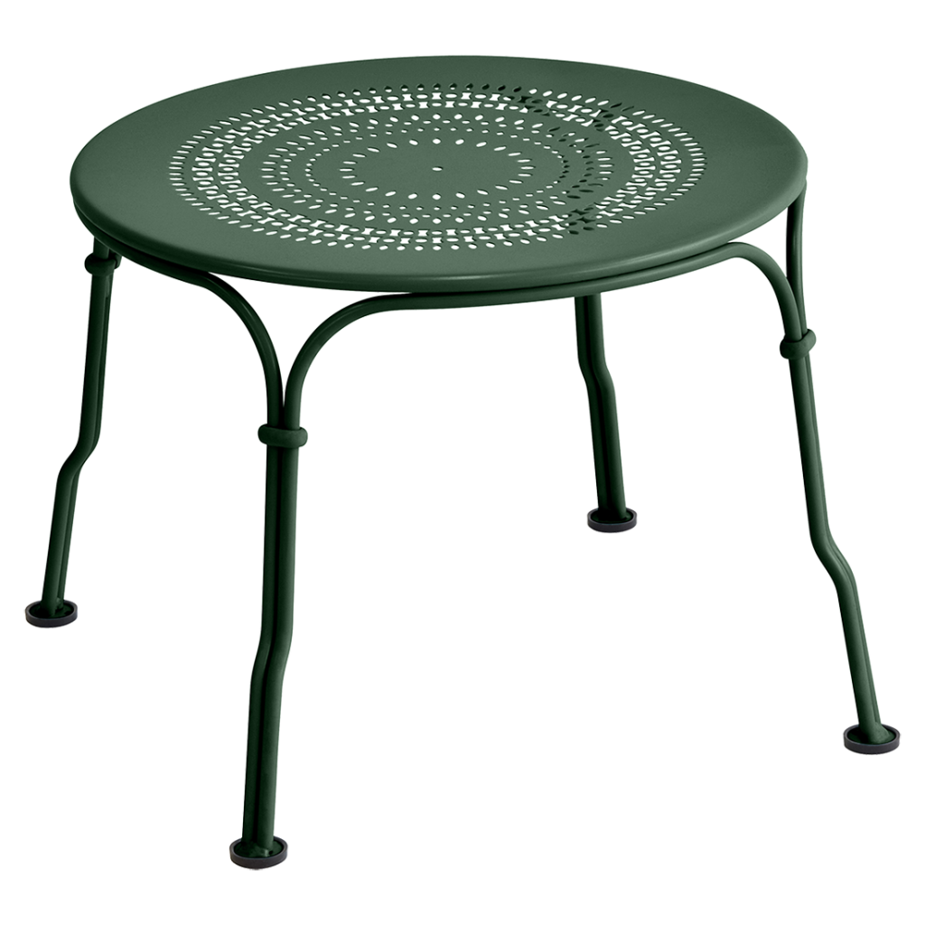 Une table en métal vert avec un plateau rond.