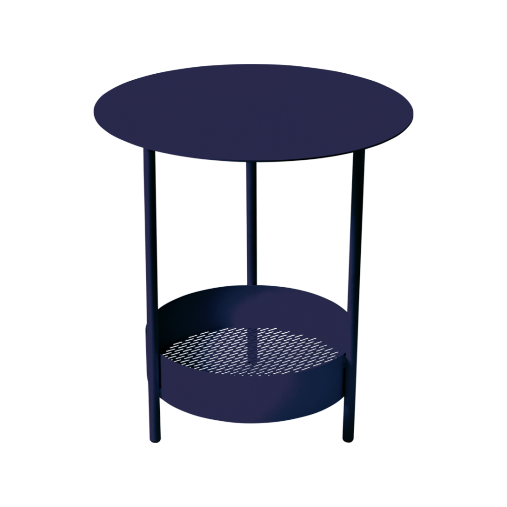 Une table d'appoint bleue avec un plateau circulaire.