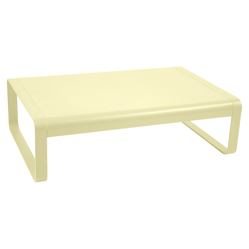 Une table basse jaune sur fond blanc.