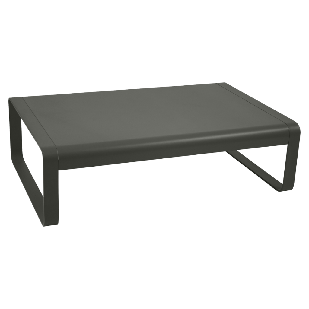 Une table basse noire sur fond blanc.