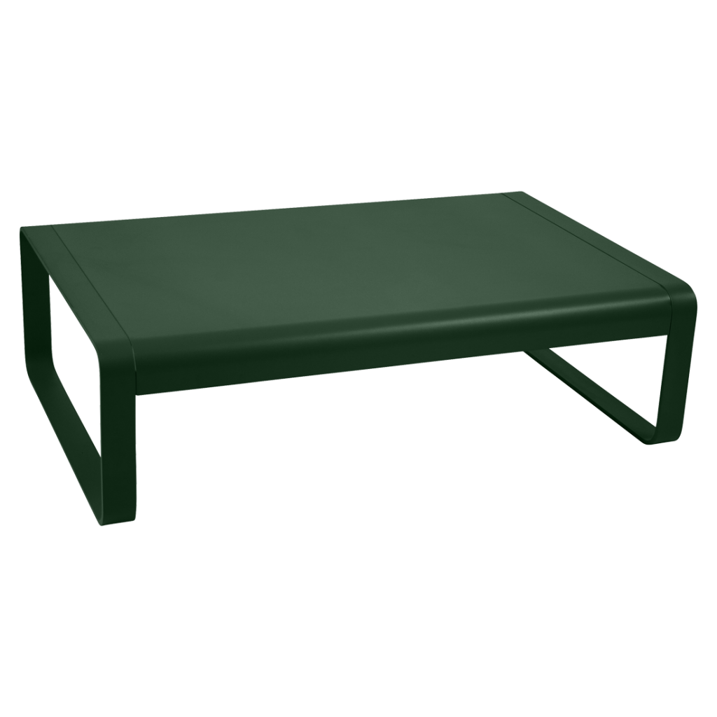Une table basse en plastique vert sur fond blanc.