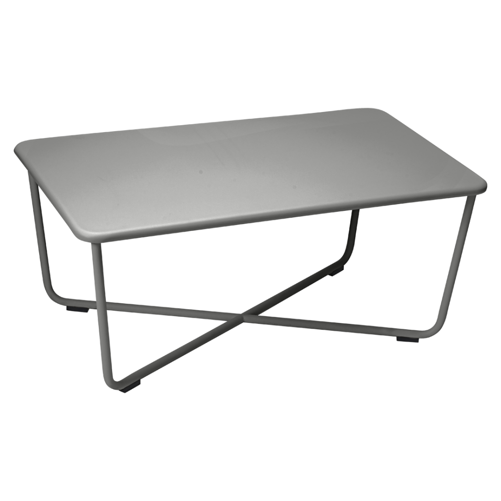 Une table basse grise avec des pieds en métal sur fond blanc.