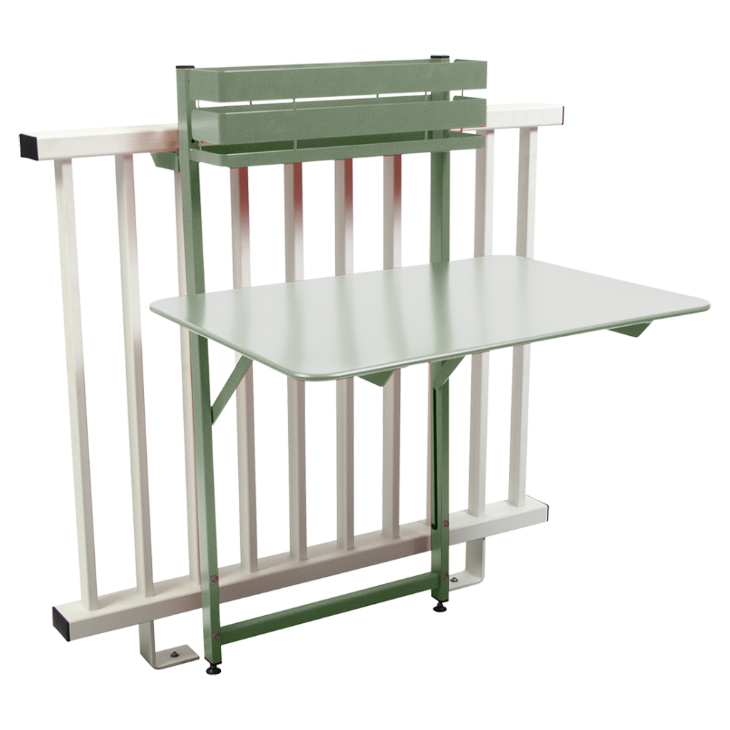 Une table verte avec une étagère dessus.