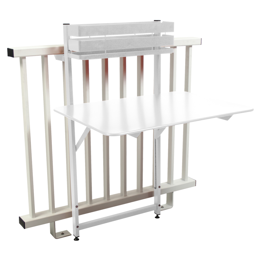 Une table blanche avec une étagère attachée.