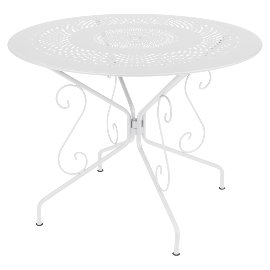Une table en métal blanc avec une base circulaire.