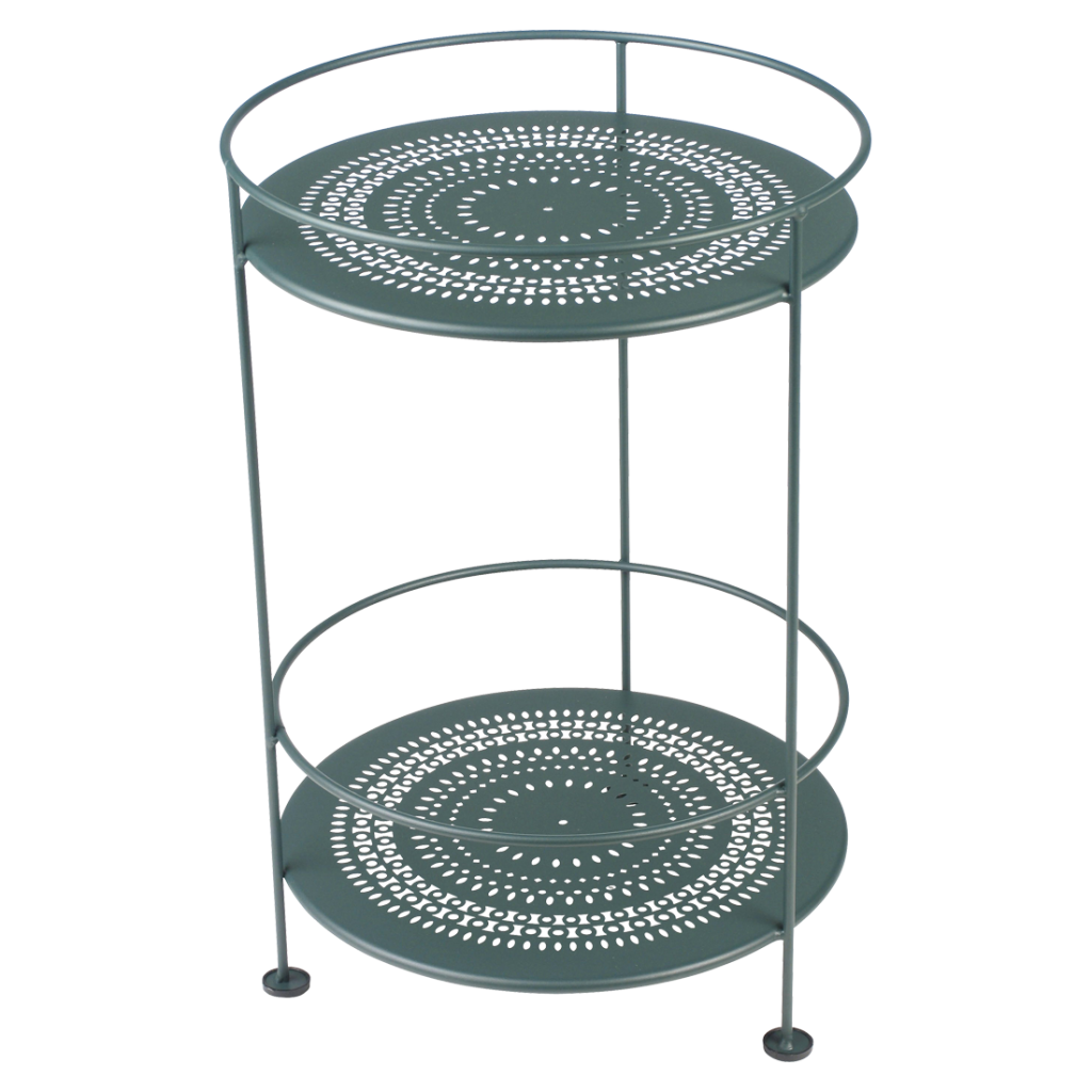 Une table en métal vert à deux niveaux.