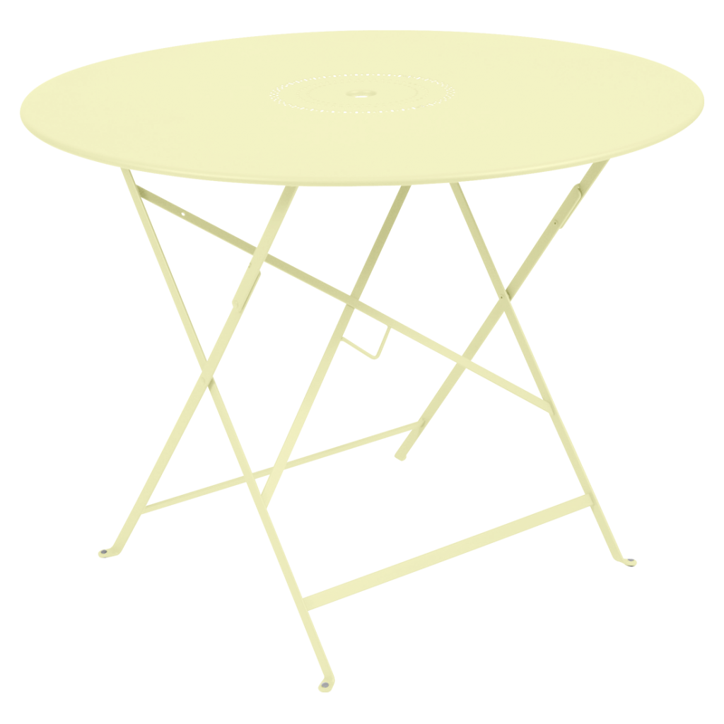 Une table ronde avec une base jaune.