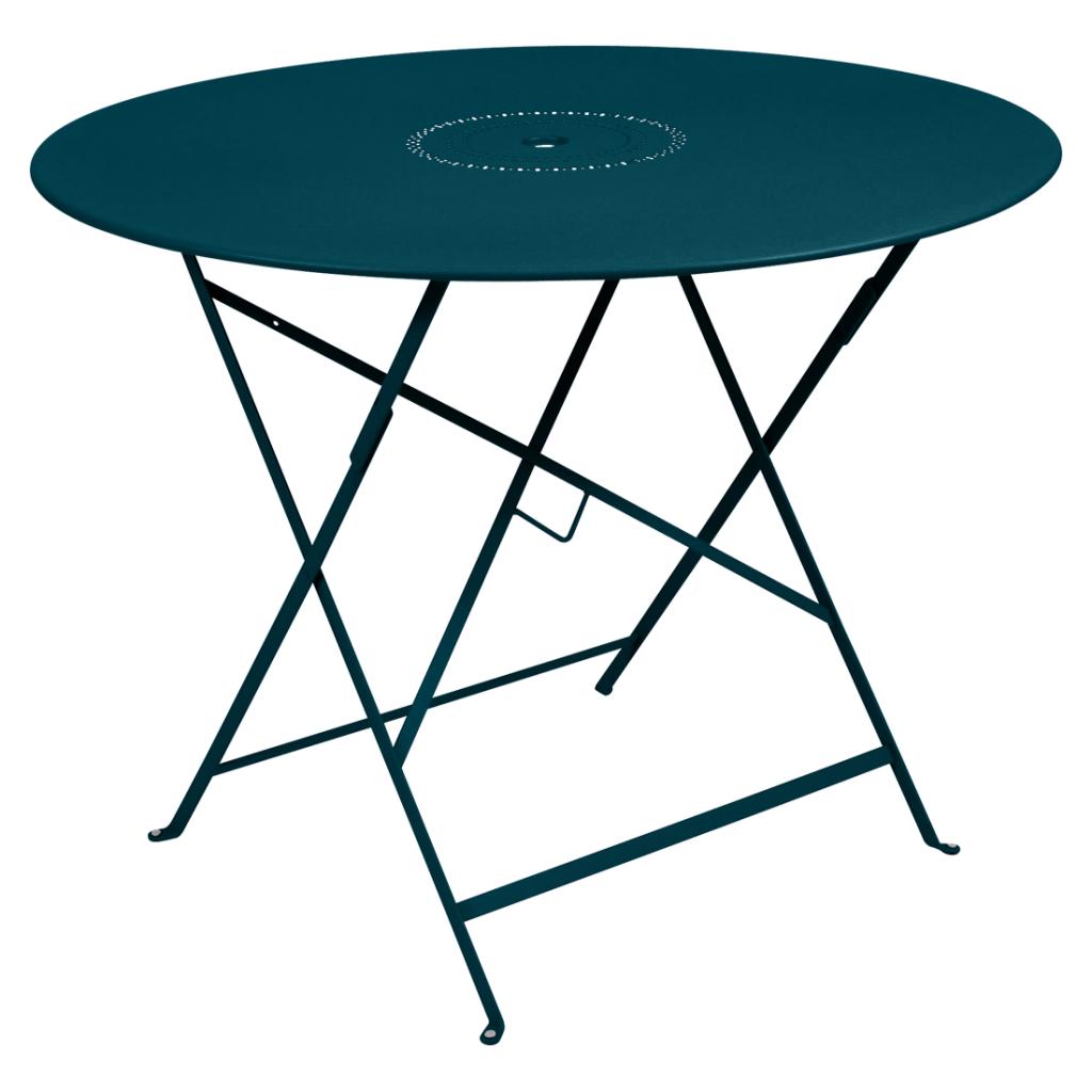 Une table pliante bleu sarcelle avec une structure en métal.