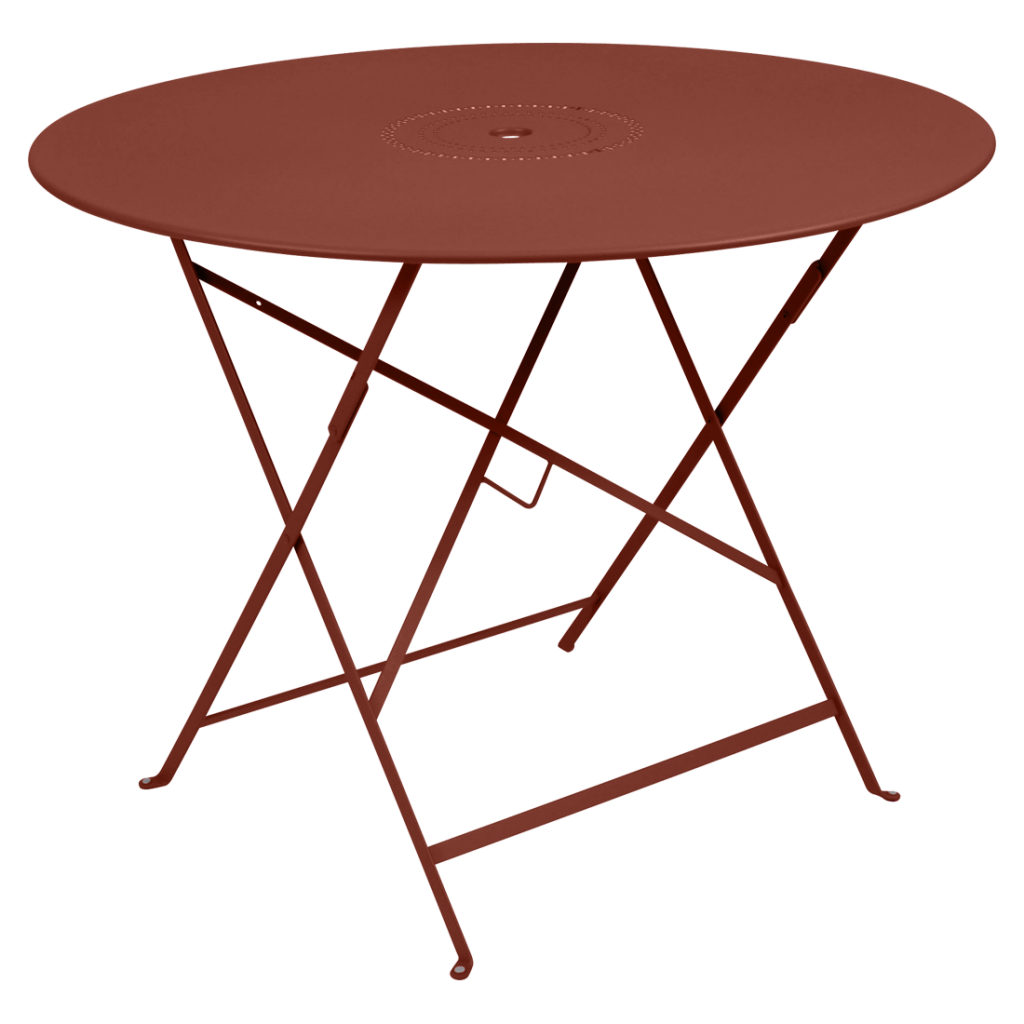 Une table pliante rouge avec une base en métal.