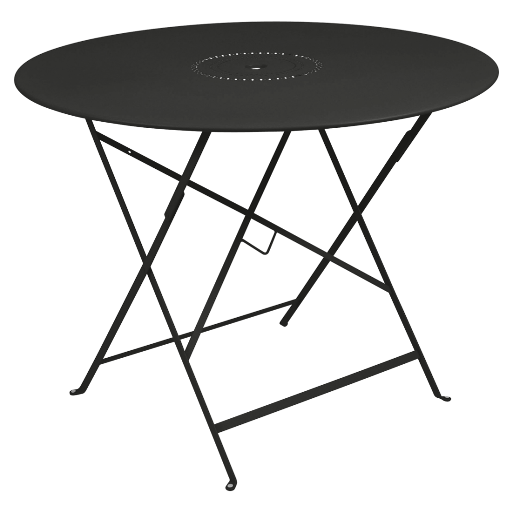 Une table pliante noire sur fond blanc.