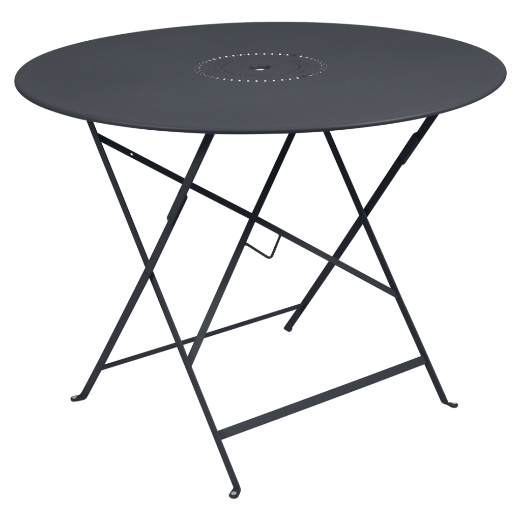Une table pliante noire avec une structure en métal.