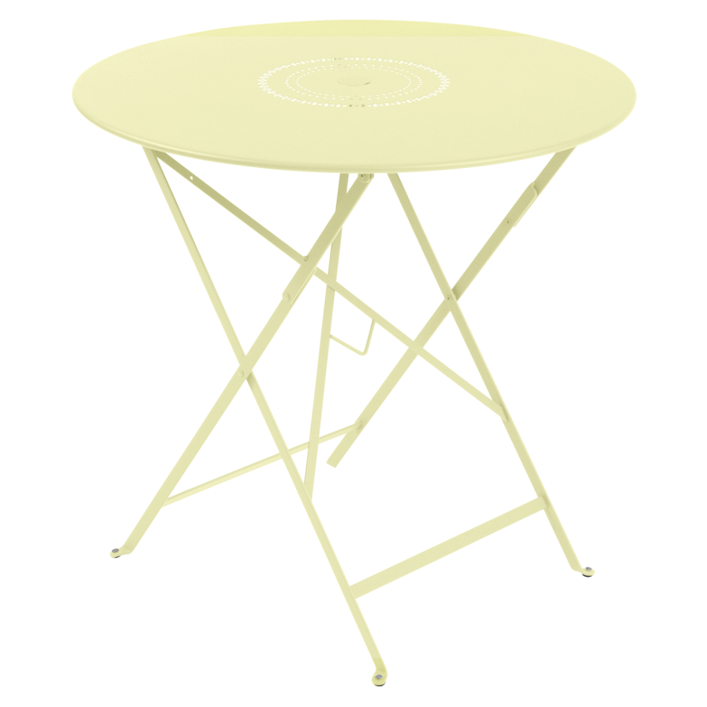 Une table pliante jaune avec une base en métal.