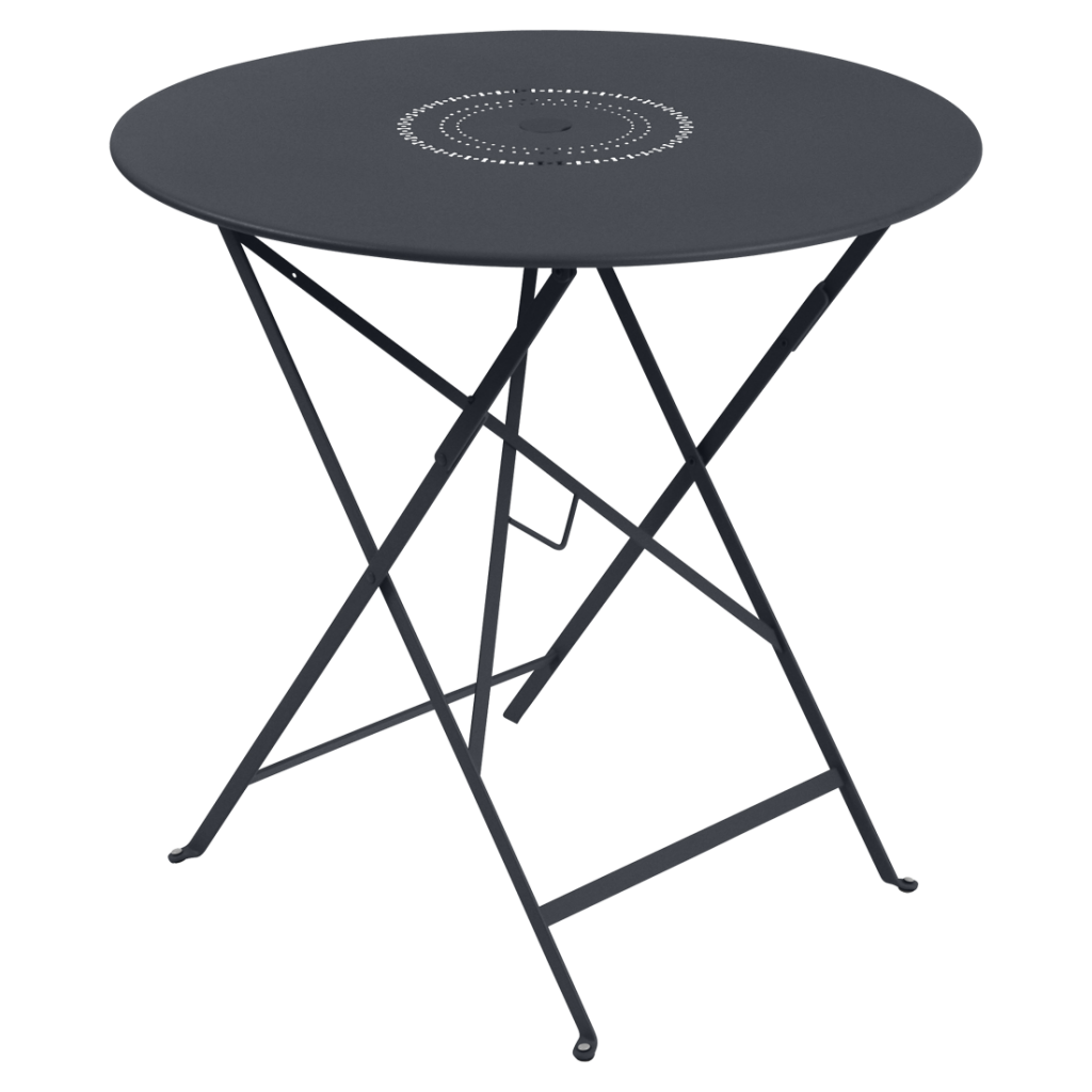 Une table pliante noire avec une base en métal.