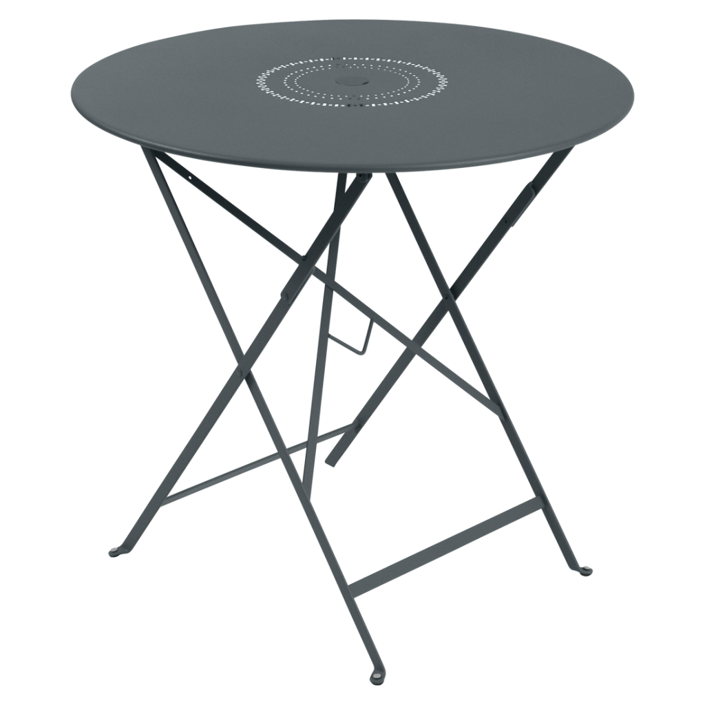 Une table pliante grise avec une base en métal.