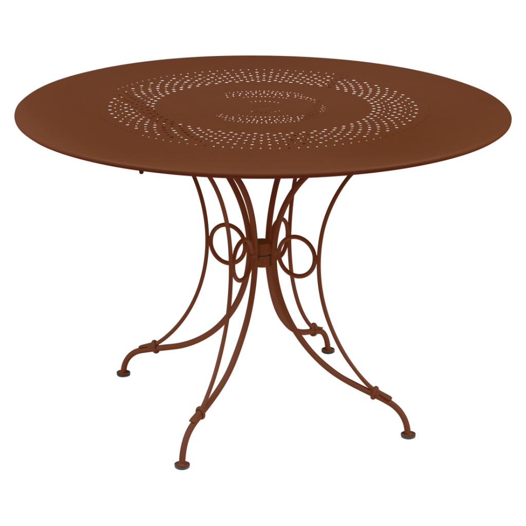 Une table ronde avec une base en métal marron.