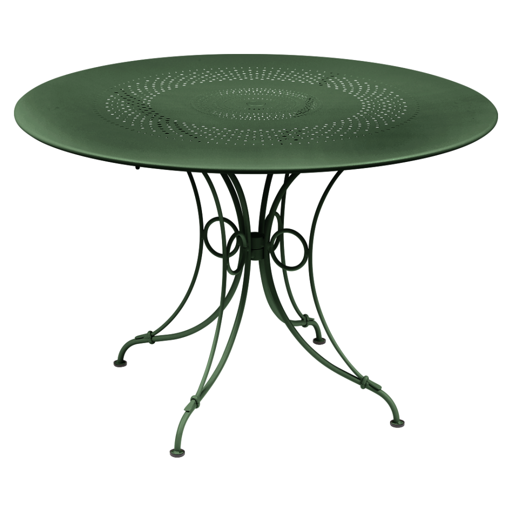 Une table en métal vert avec une base en métal.