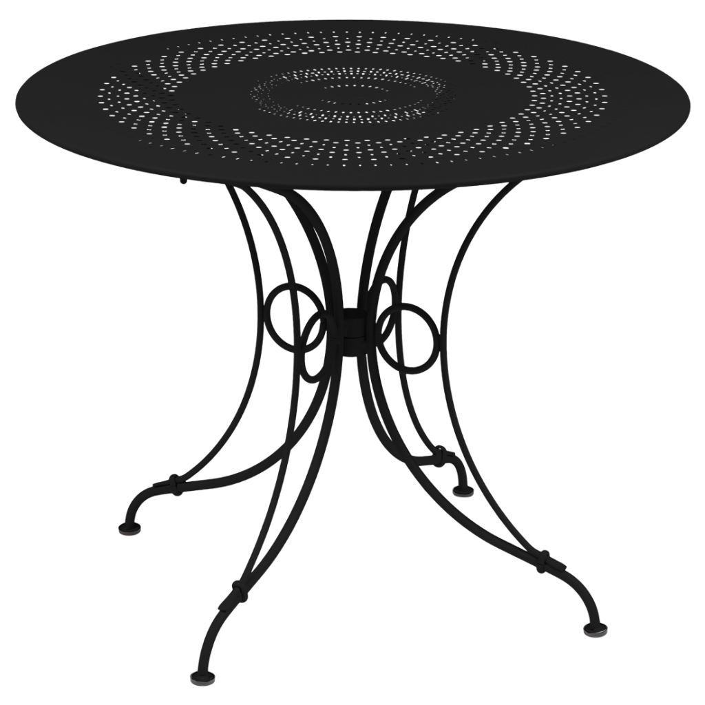 Une table noire avec un piètement en métal noir.
