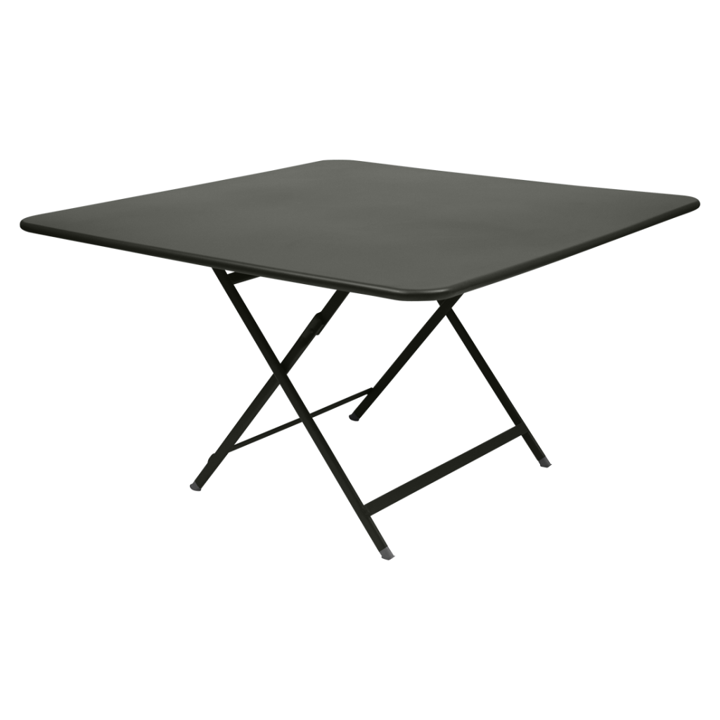Une table pliante noire sur fond blanc.