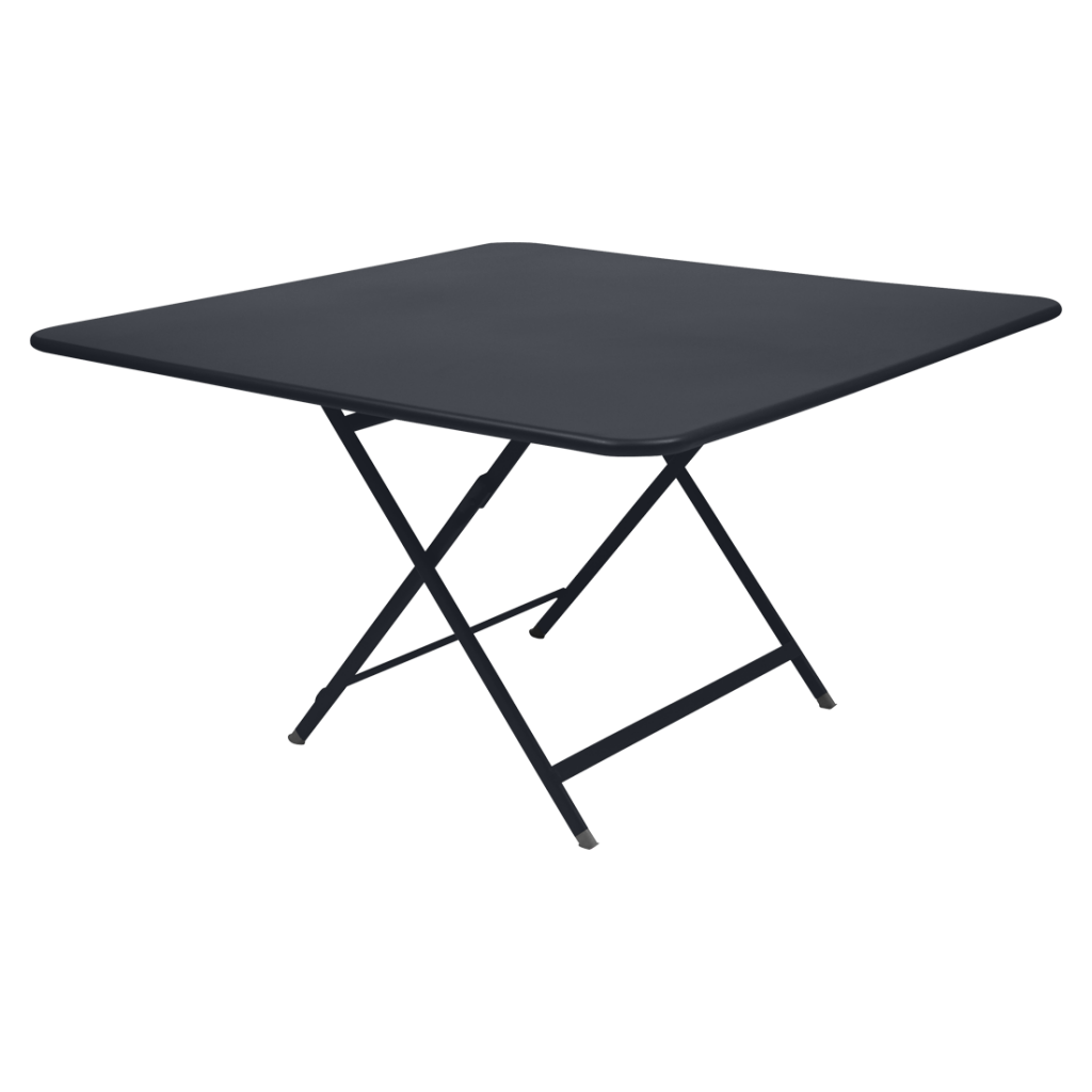 Une table pliante noire sur fond blanc.