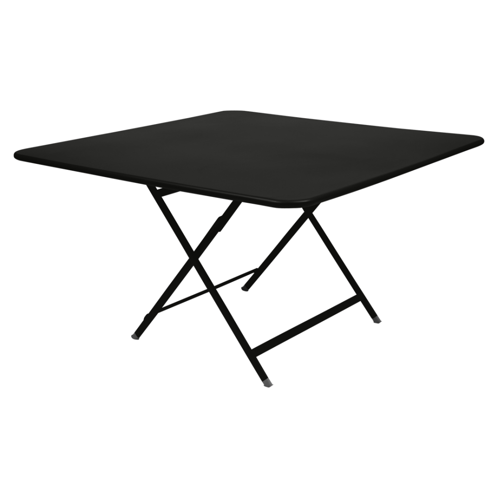 Une table pliante noire sur fond blanc.
