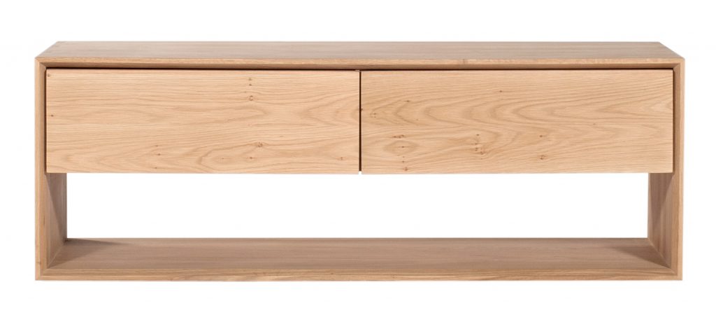 Un buffet en bois avec deux portes et deux tiroirs.