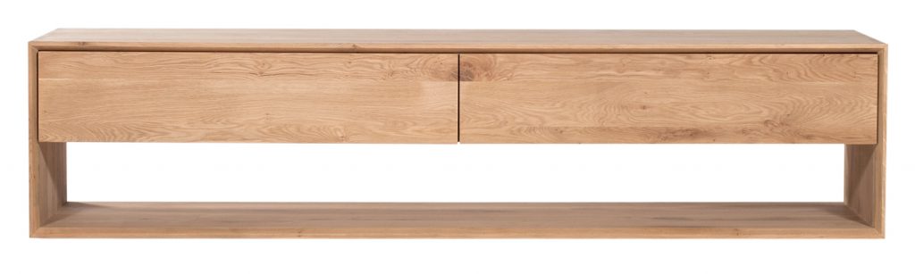 Une console en bois avec deux tiroirs.