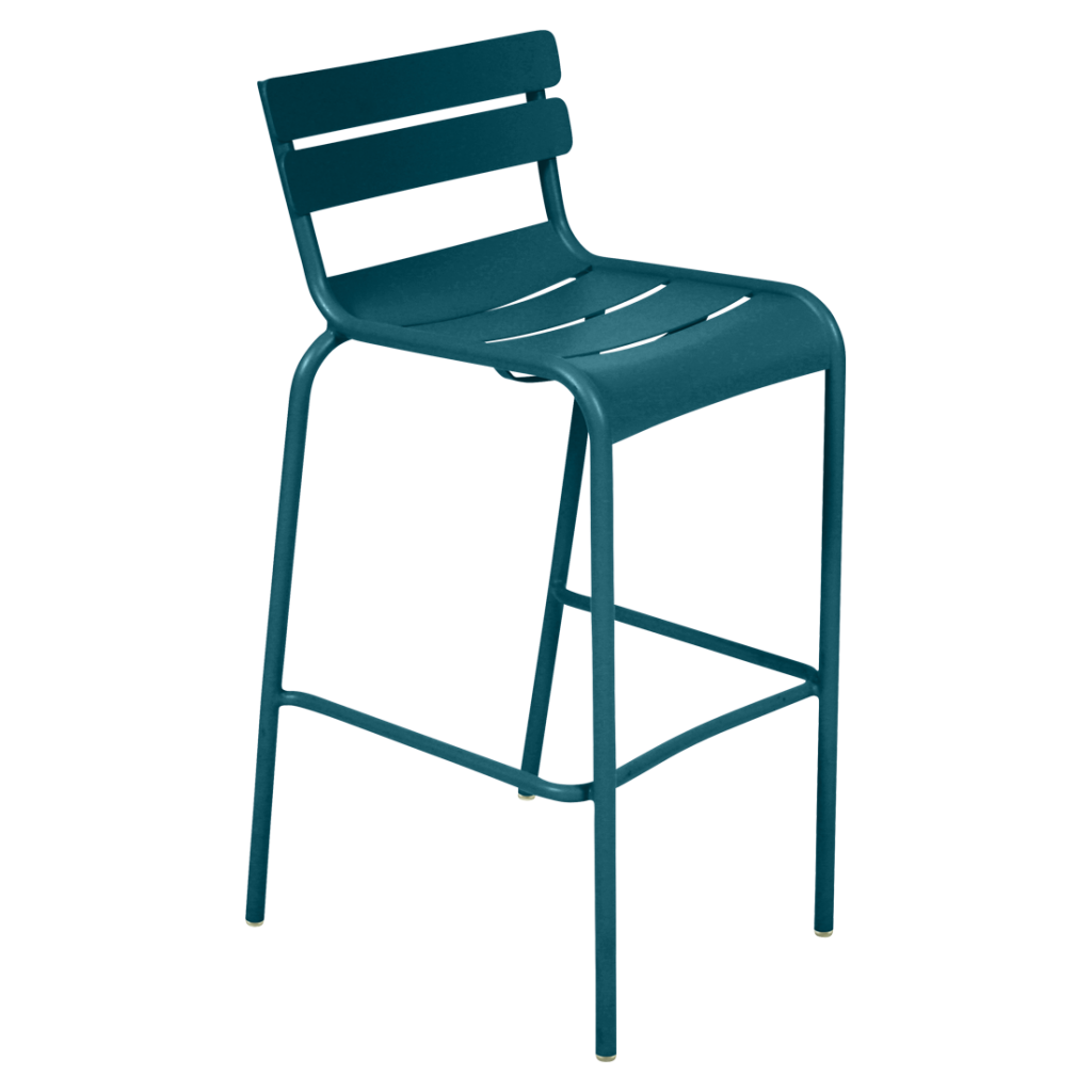Un tabouret de bar en métal bleu sarcelle avec un siège vert.