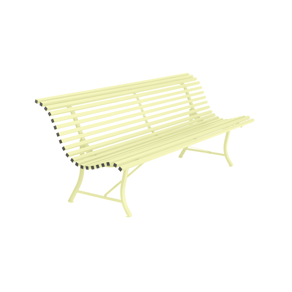 Un banc blanc avec des lattes noires sur fond blanc.