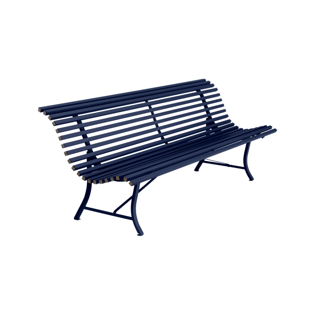 Un banc bleu avec un cadre noir sur fond blanc.