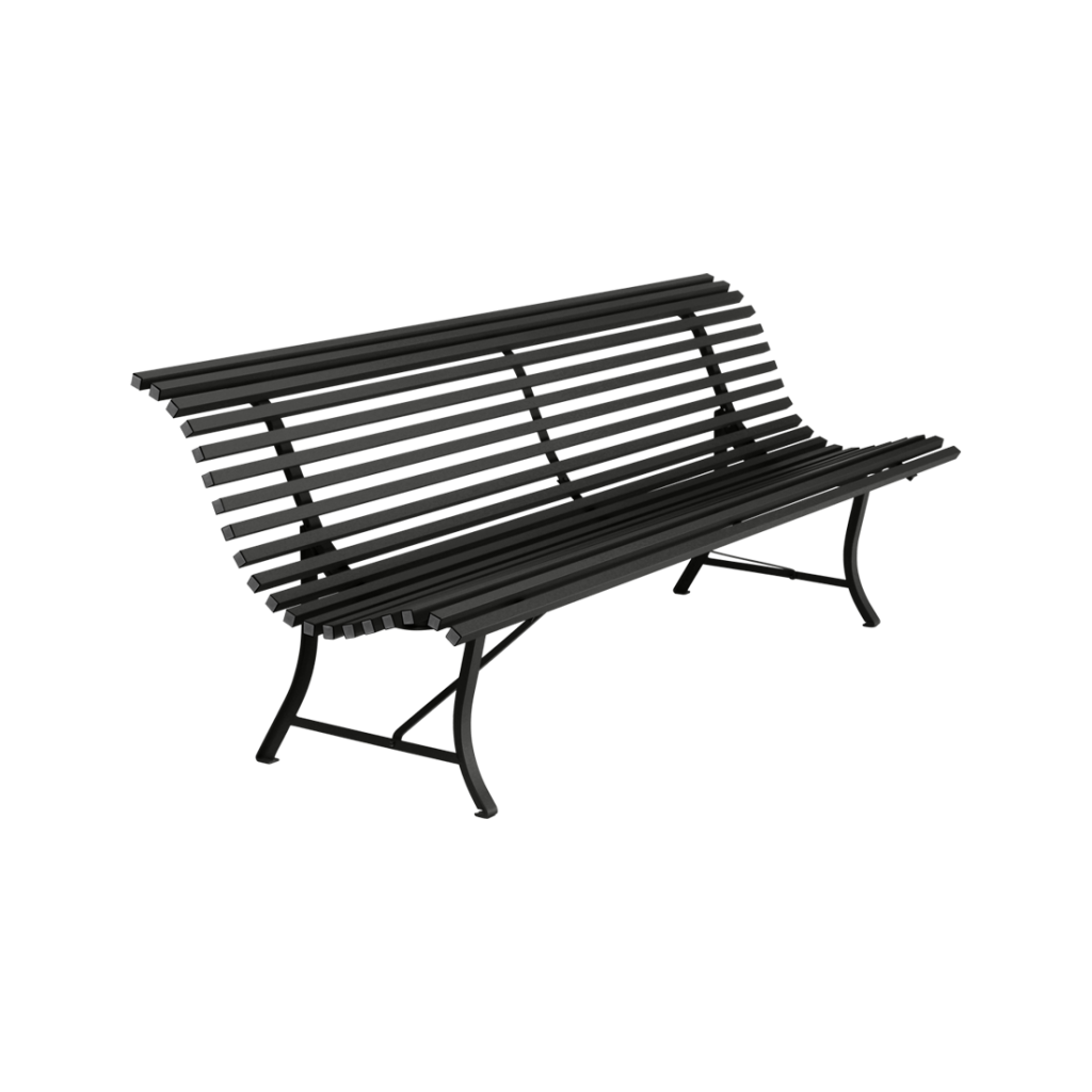 Un banc noir avec des lattes sur fond blanc.
