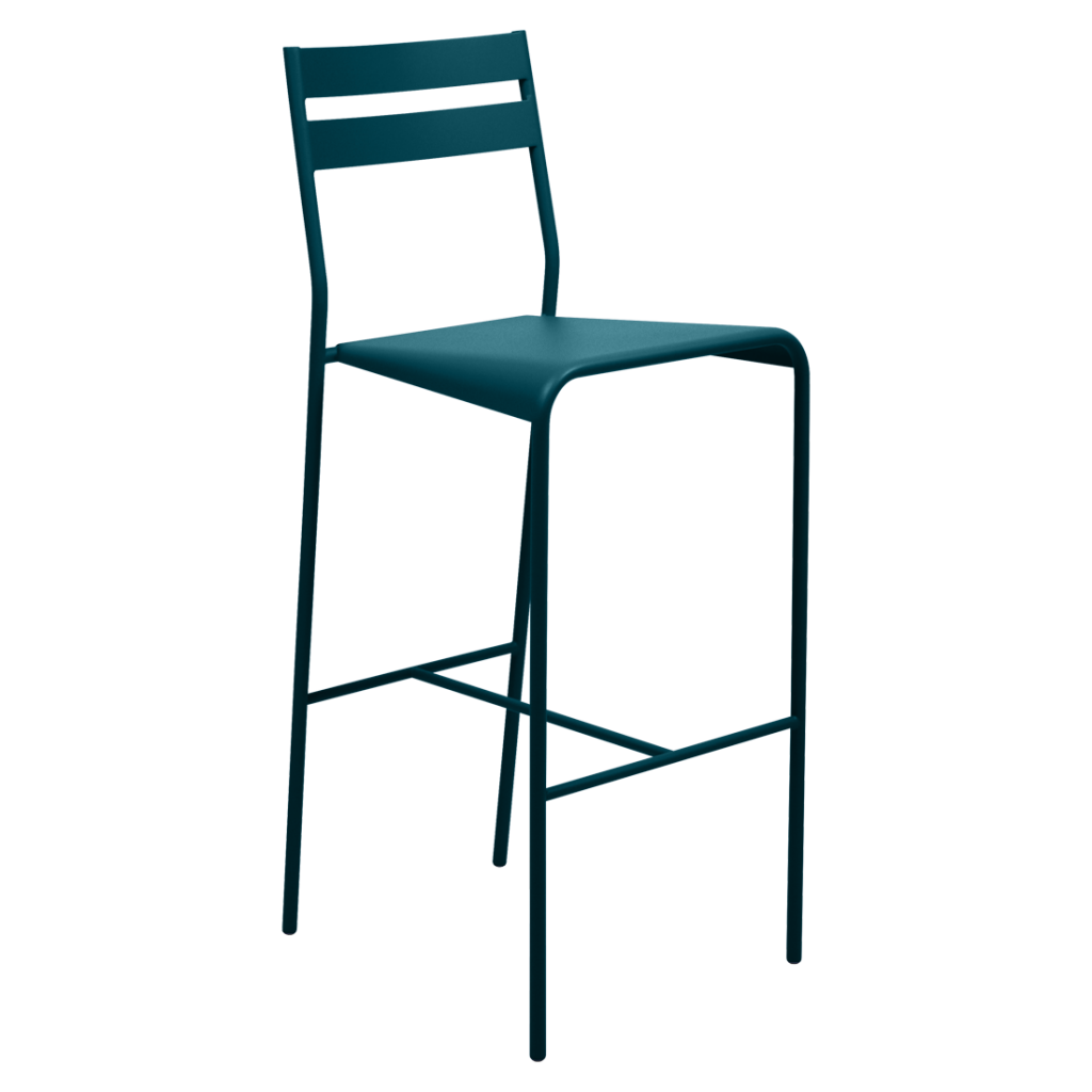Un tabouret de bar en métal bleu avec une assise noire.