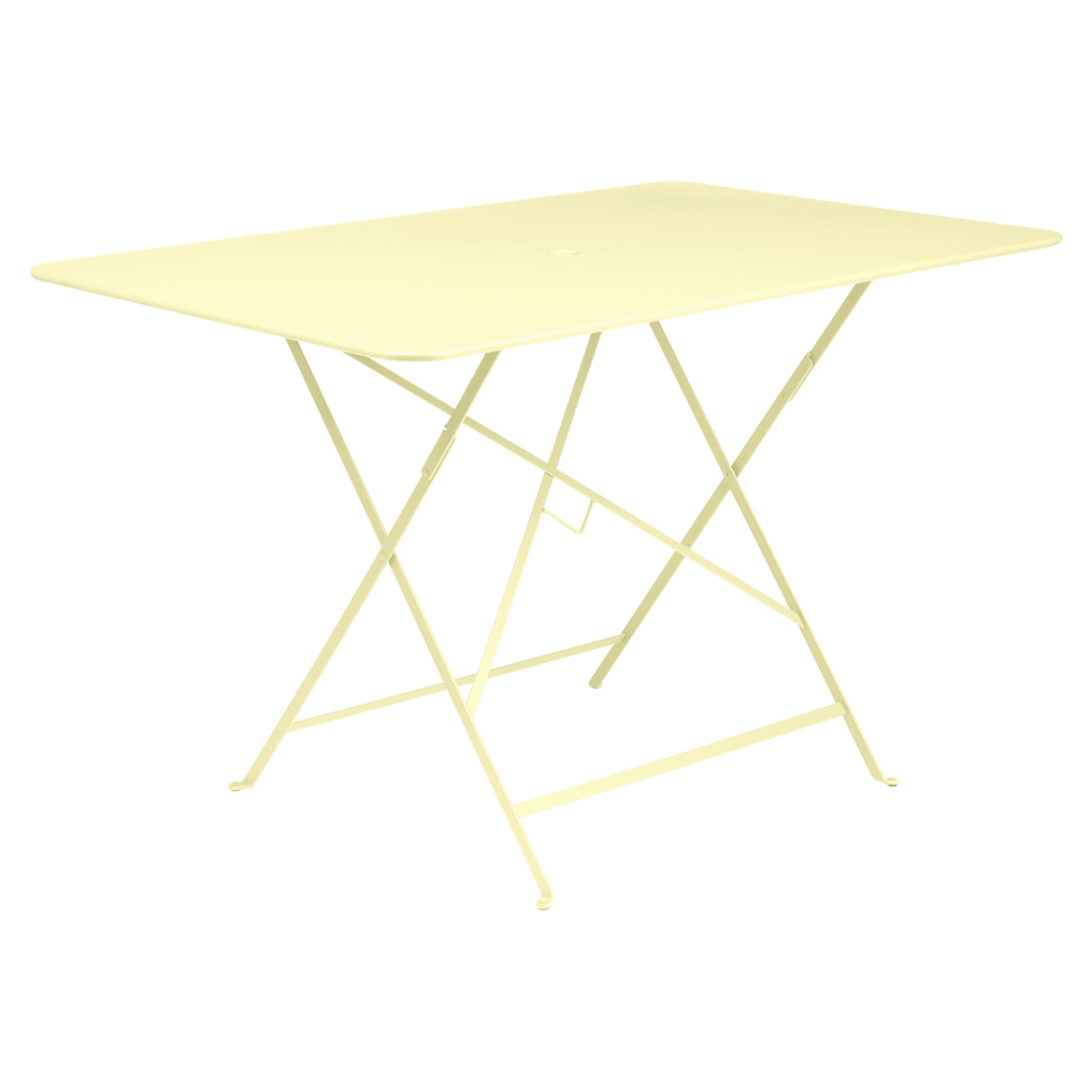 Une table pliante jaune sur fond blanc.
