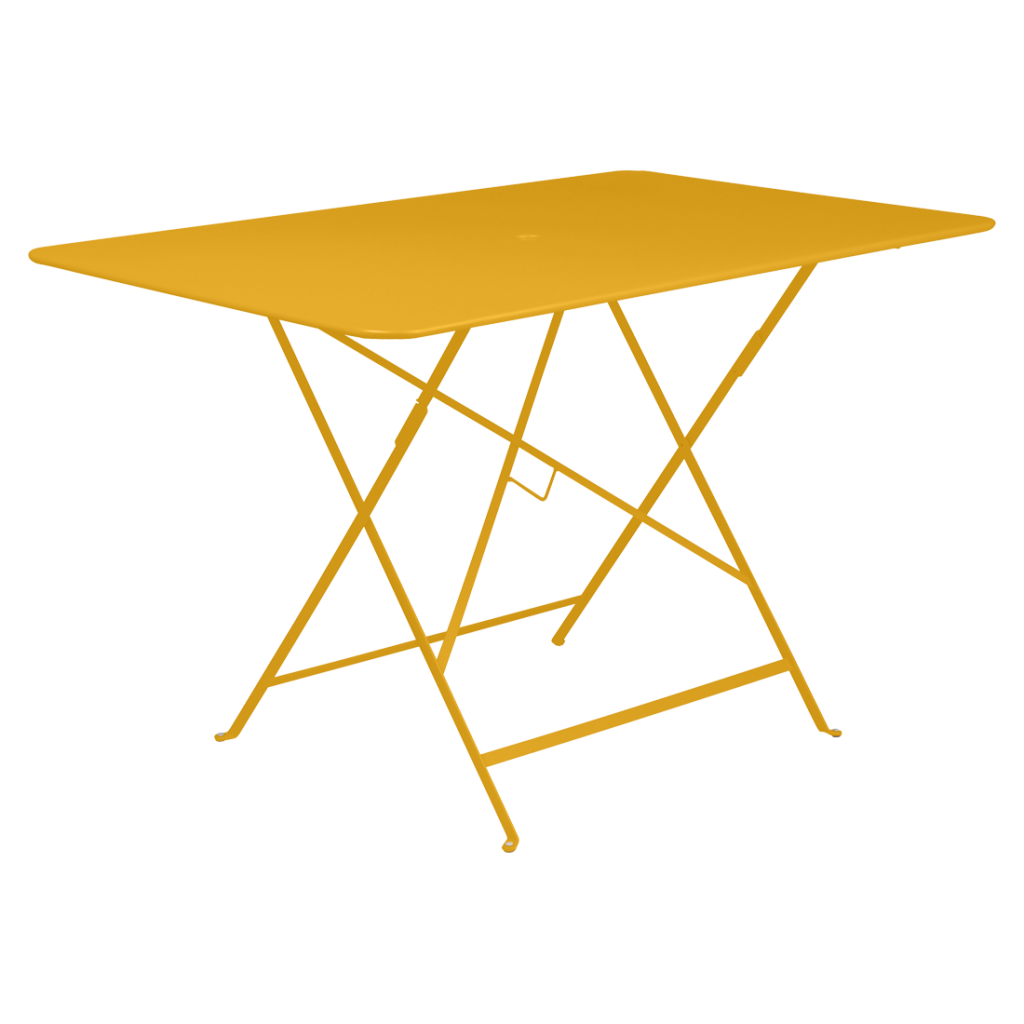 Une table pliante jaune sur fond blanc.