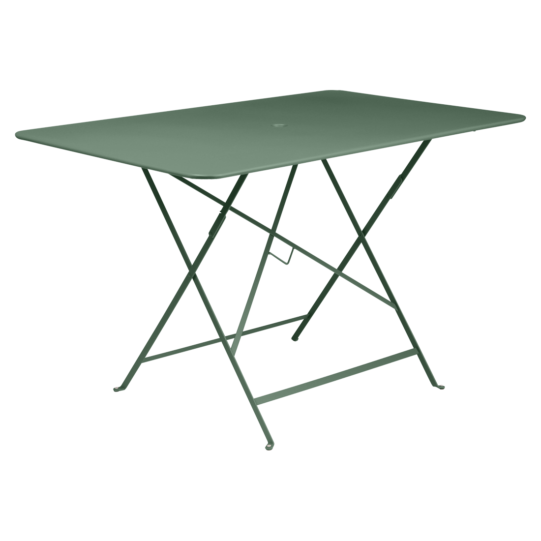 Une table pliante verte sur fond blanc.