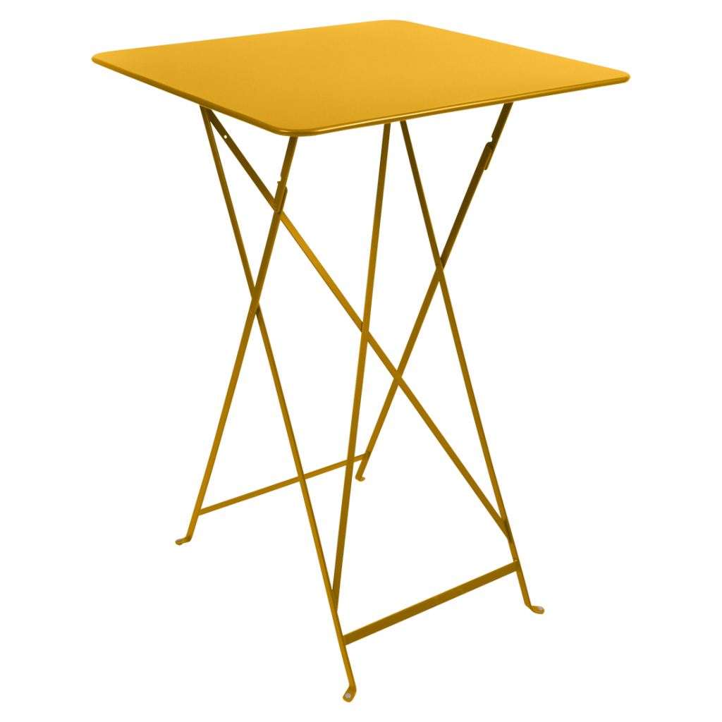 Une table jaune avec une base en métal.