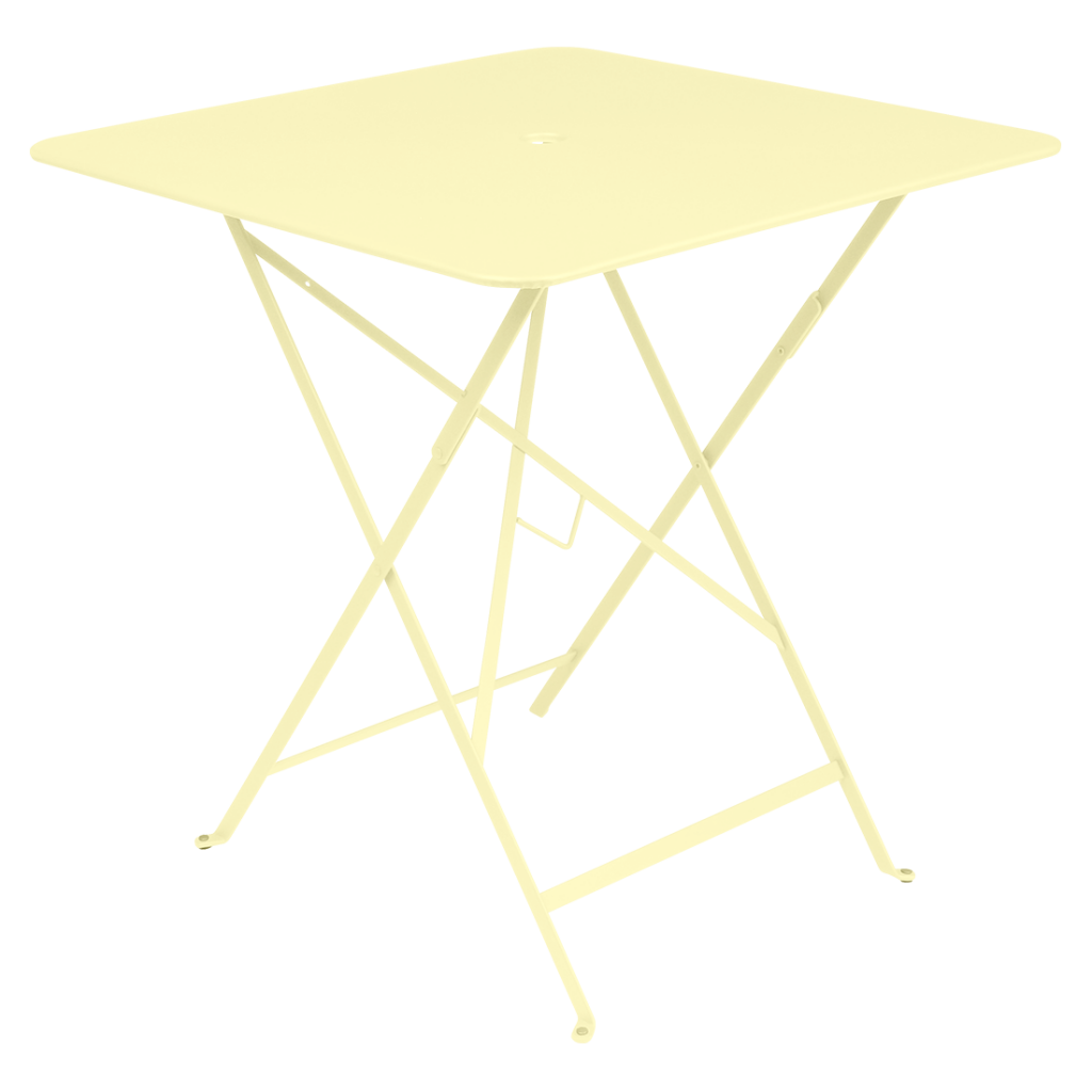 Une table pliante jaune avec une structure en métal.