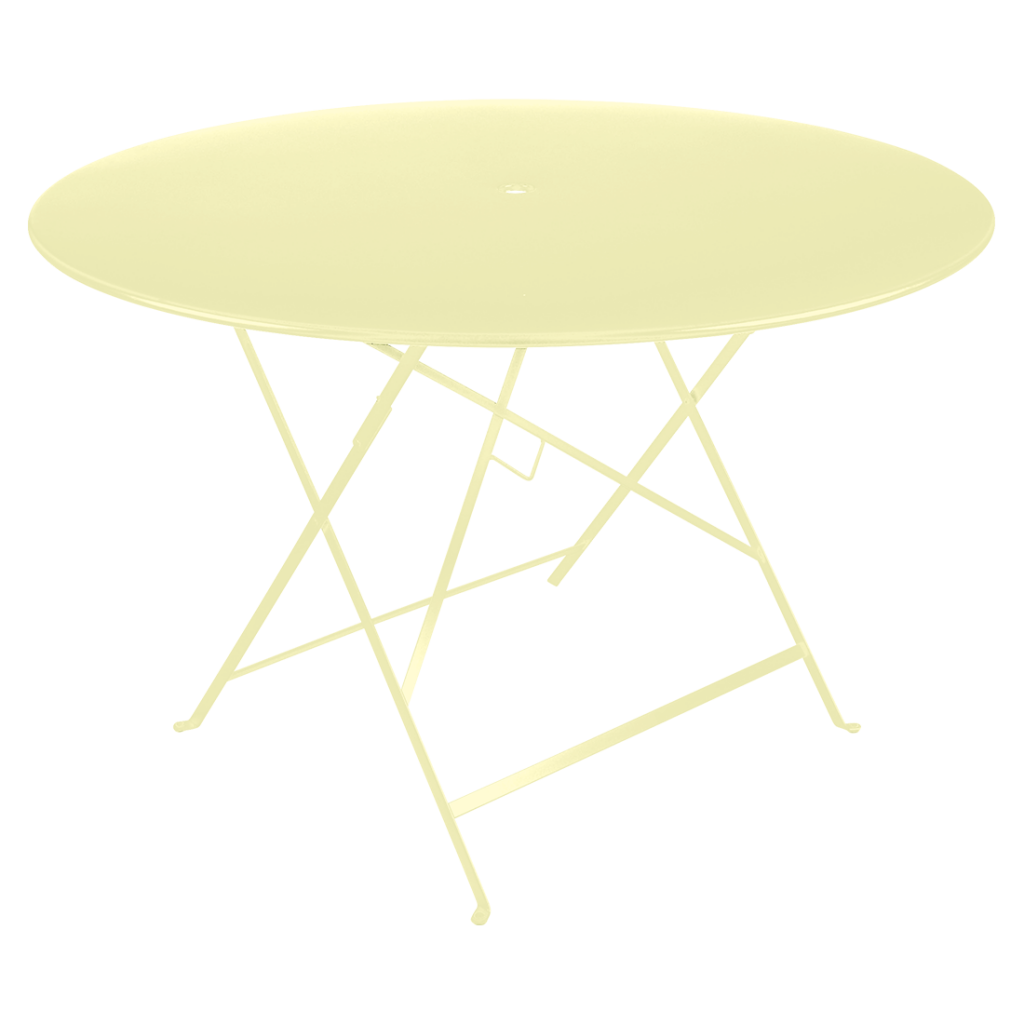 Une table ronde avec une base jaune.
