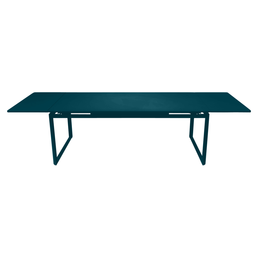 Une table bleue avec des pieds.