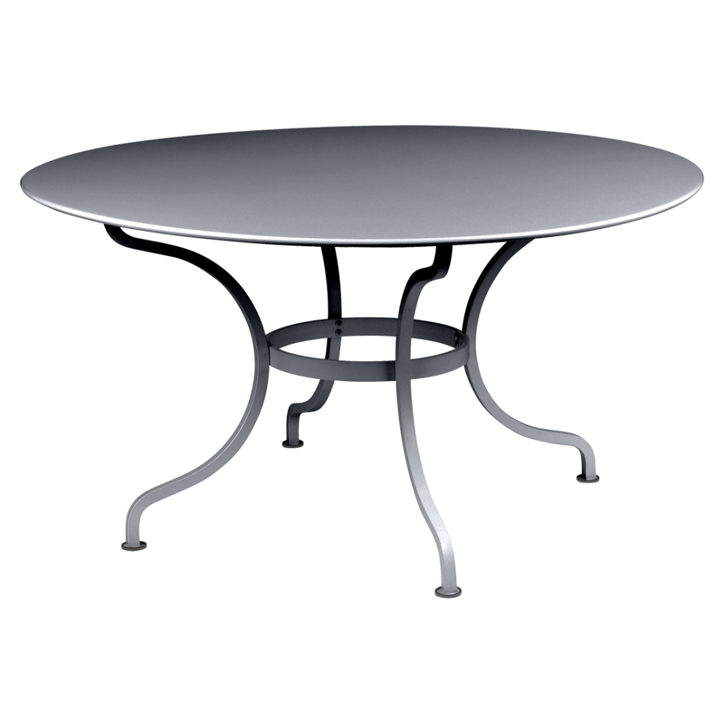 Une table ronde avec une base en métal sur fond blanc.