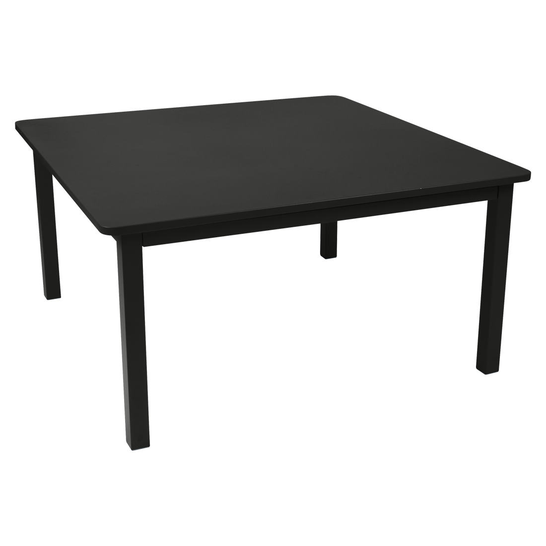 Une table carrée noire sur fond blanc.