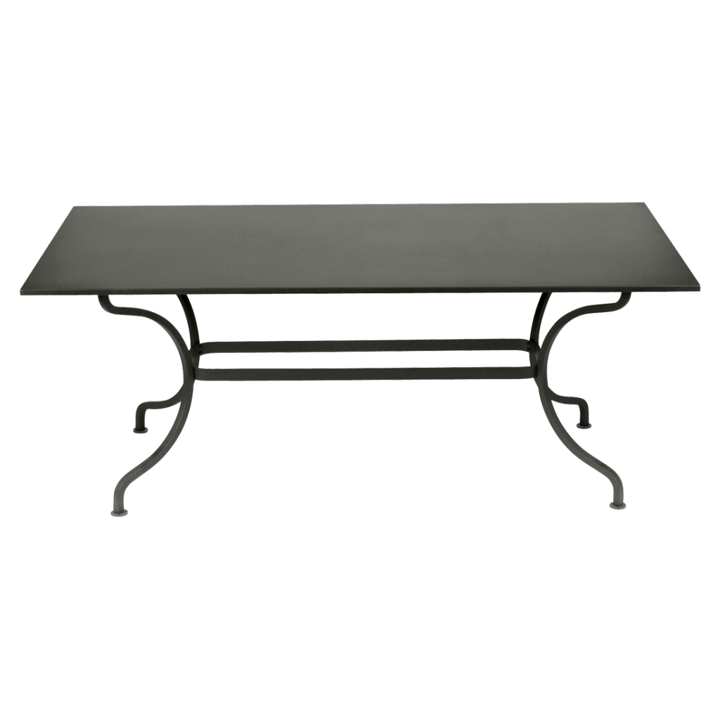 Une table en métal noir avec un plateau noir.