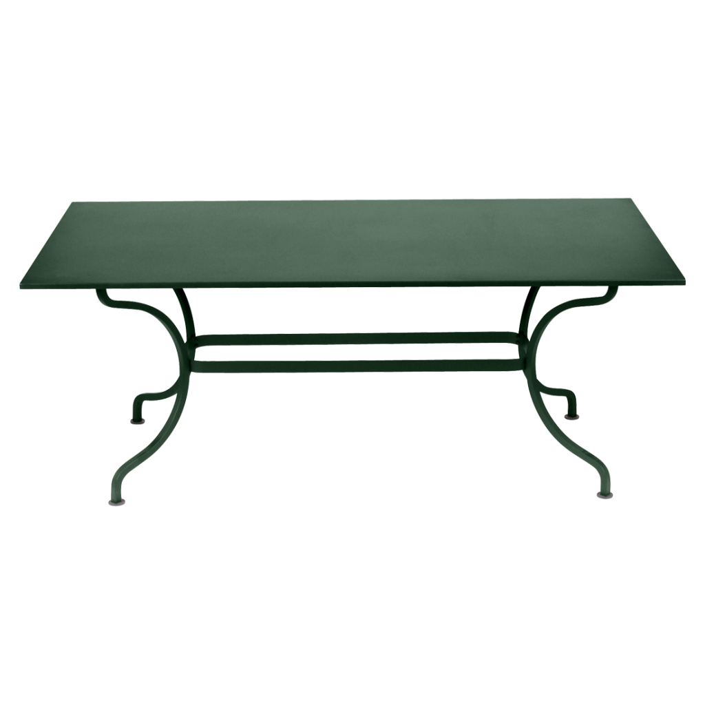 Une table en métal vert sur fond blanc.