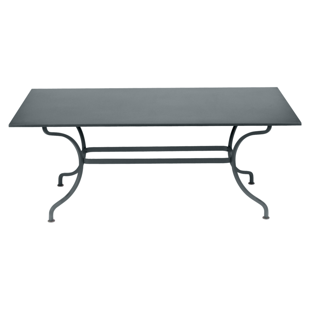 Une table en métal noir avec un plateau noir.