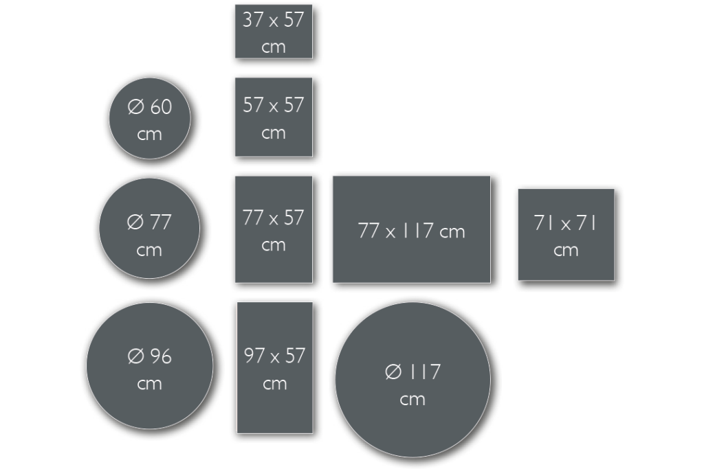 Un ensemble de carrés de différentes tailles et mesures, comprenant une Table ronde Bistro, diam 60 cm.